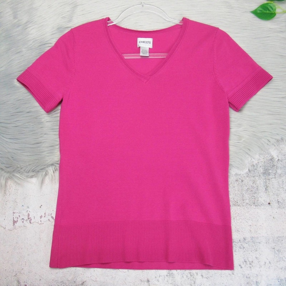 CHICO’S Pink Silk Blend Knit V-Neck Tee Women’s Size Small